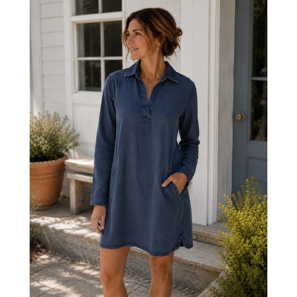 Cloth & Stone Tencel Lyocell Indigo Chambray Shirt Dress Size L Pockets Soft